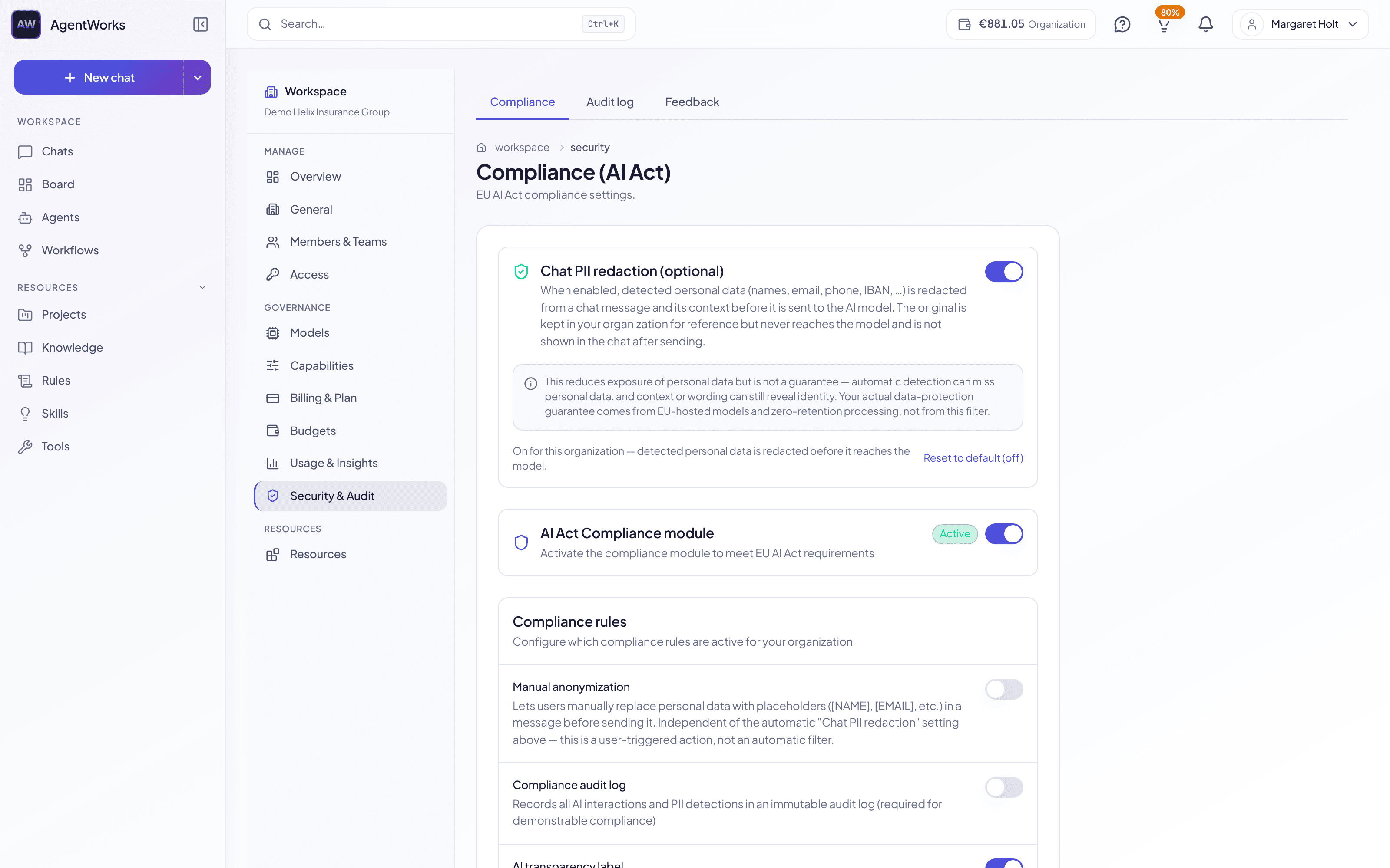 Compliance controls  -  AI Act module and per-rule toggles