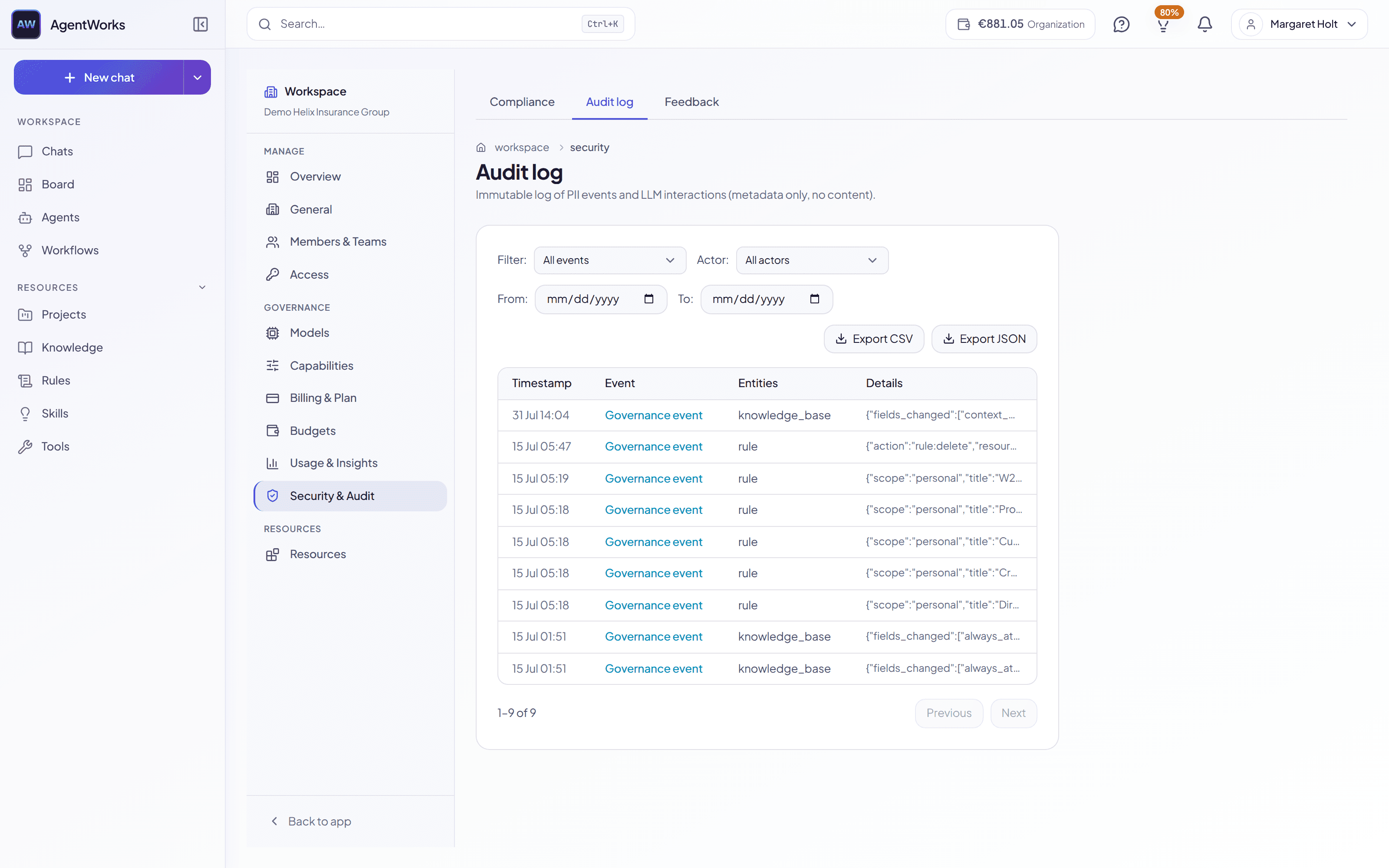 The immutable audit log — every governance event with timestamp, actor and entity