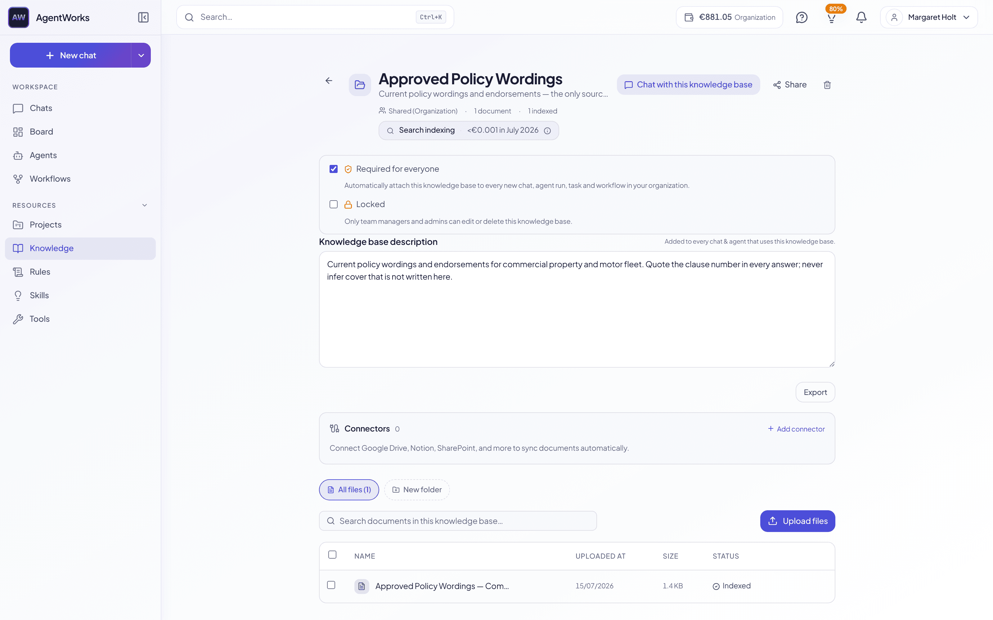 A knowledge base — briefing, access, and documents with their indexing status