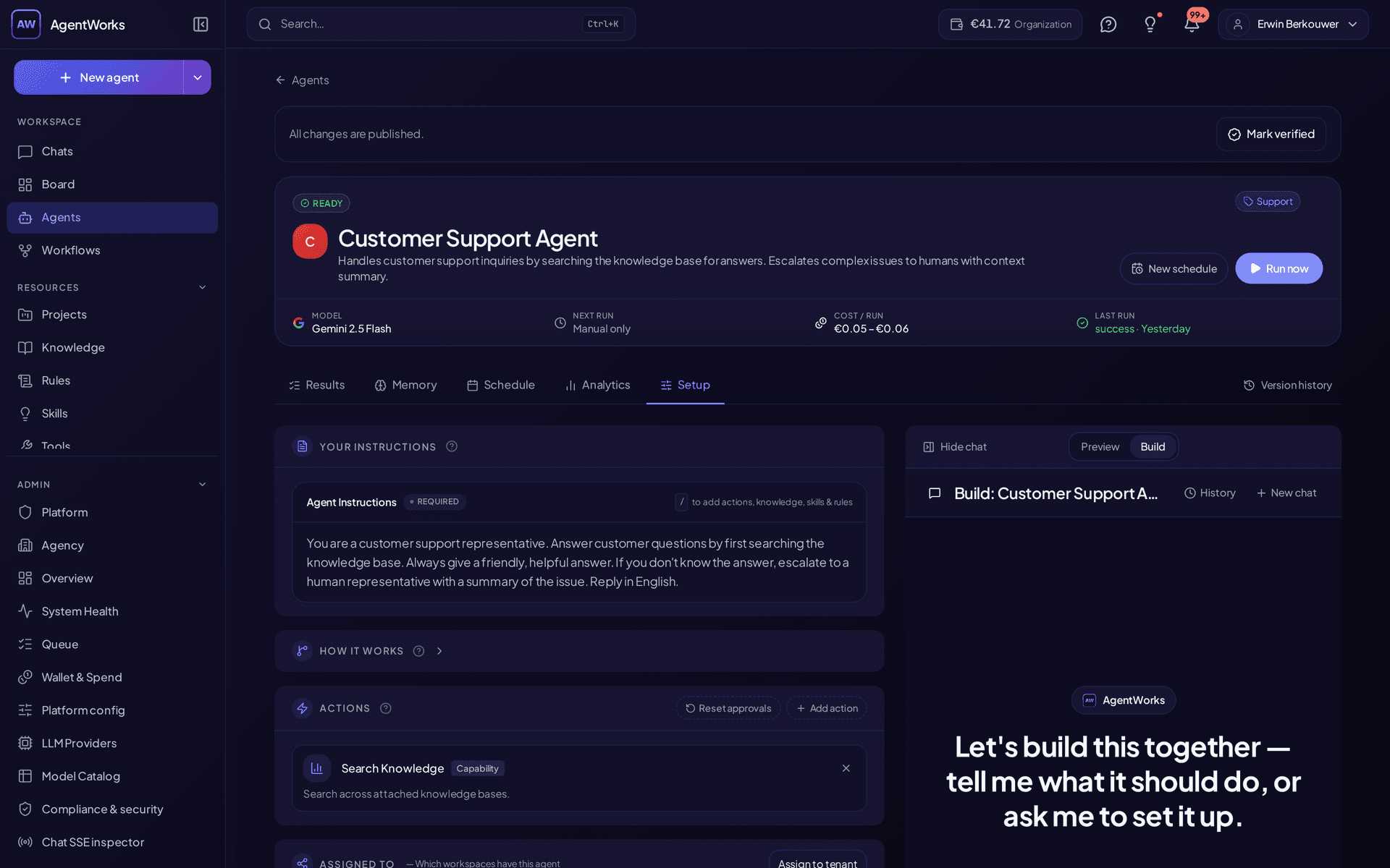 How an agent like Escalation looks in AgentWorks — plain-language instructions, the model it runs on, and what one run costs