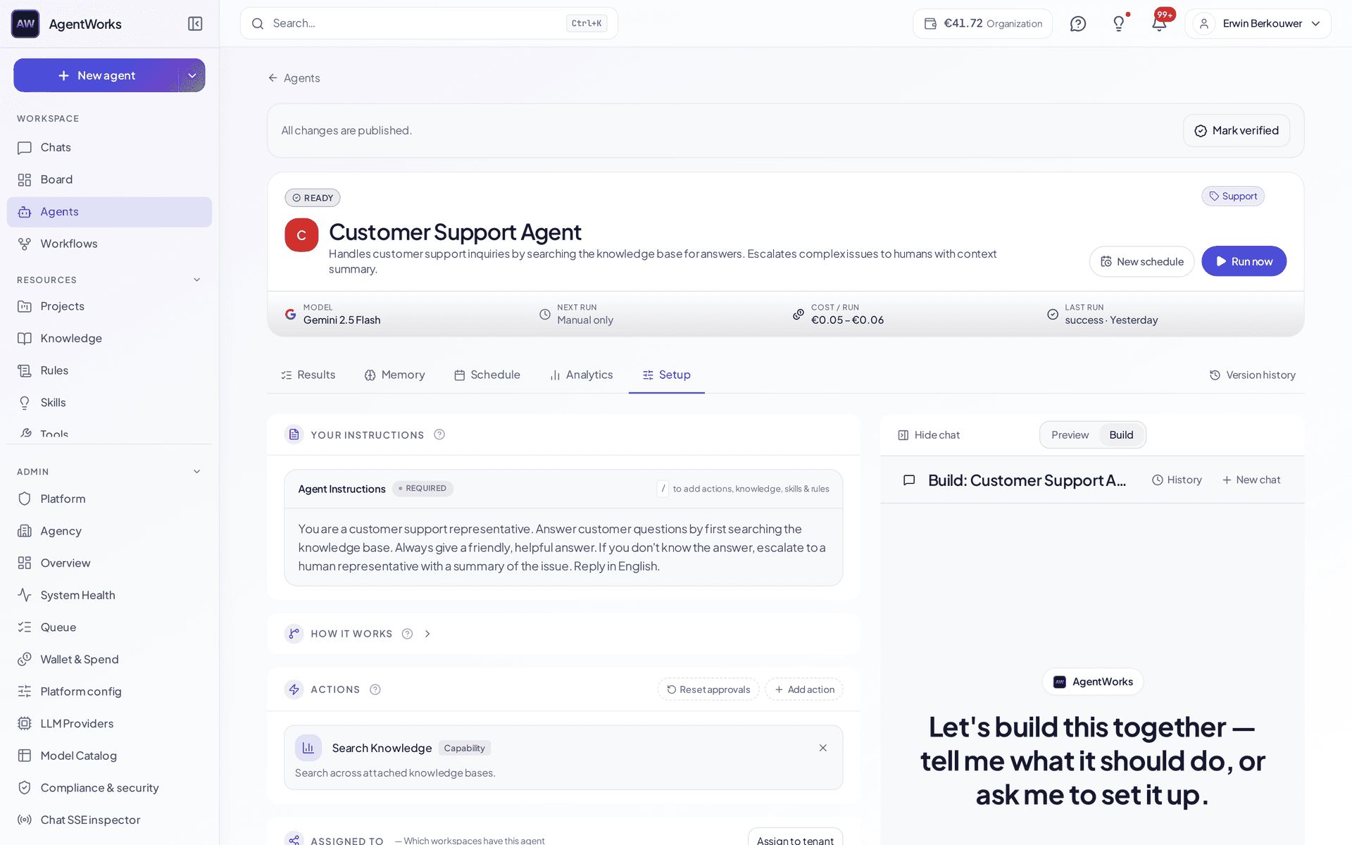 How an agent like Escalation looks in AgentWorks — plain-language instructions, the model it runs on, and what one run costs